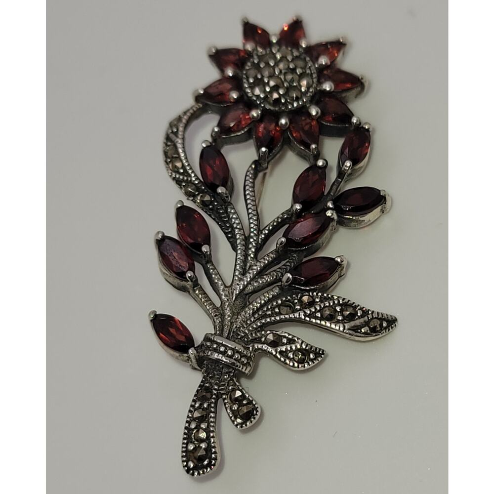 Vintage Sterling Silver, Red Garnet & Marcasite Floral Brooch
